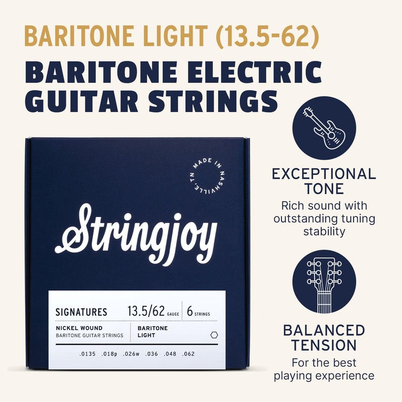 Stringjoy BAL135B Baritone Signatures Nickel Electric Guitar Strings, 13.5-62 Balanced Light Gauge, Baritone Guitars Strings Electric 6 String Set - Image 2